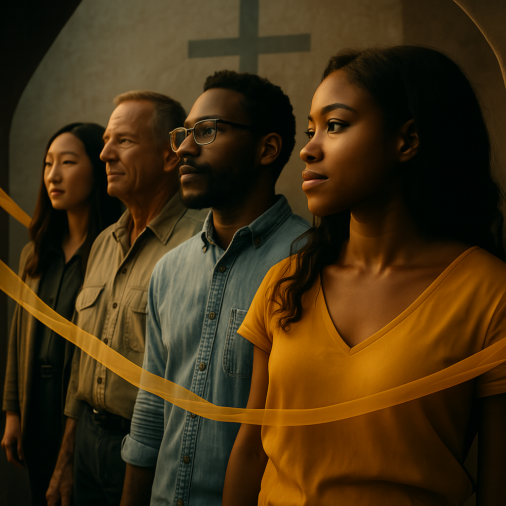 people in a row, in front of cross, with a silk ribbon running in front of them all together.