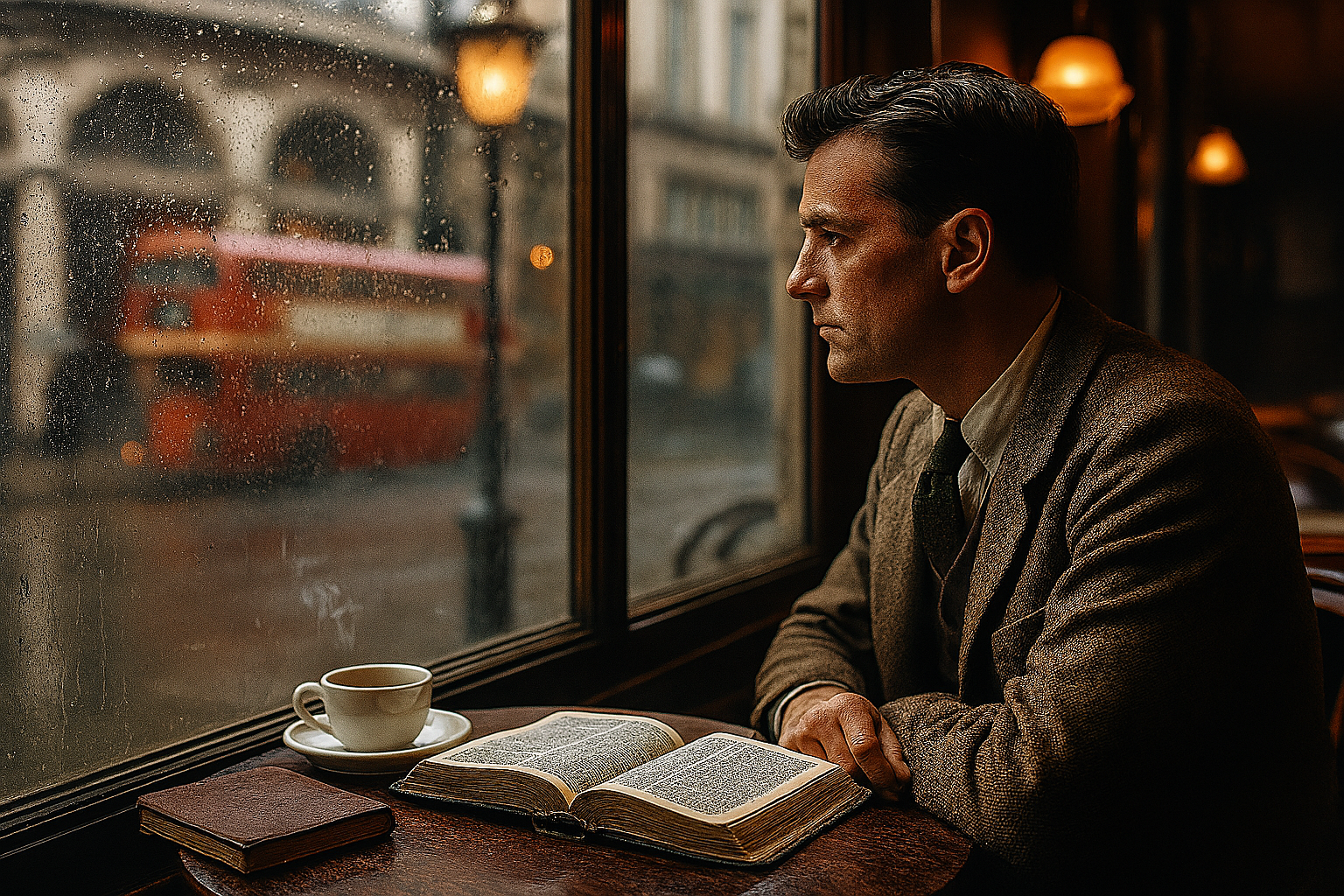 Man sitting at table in London Cafe on a rainy day with his bible, journal, and a cup of tea.