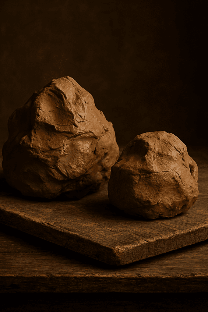 image of two lumps pf wet clay, one small one large