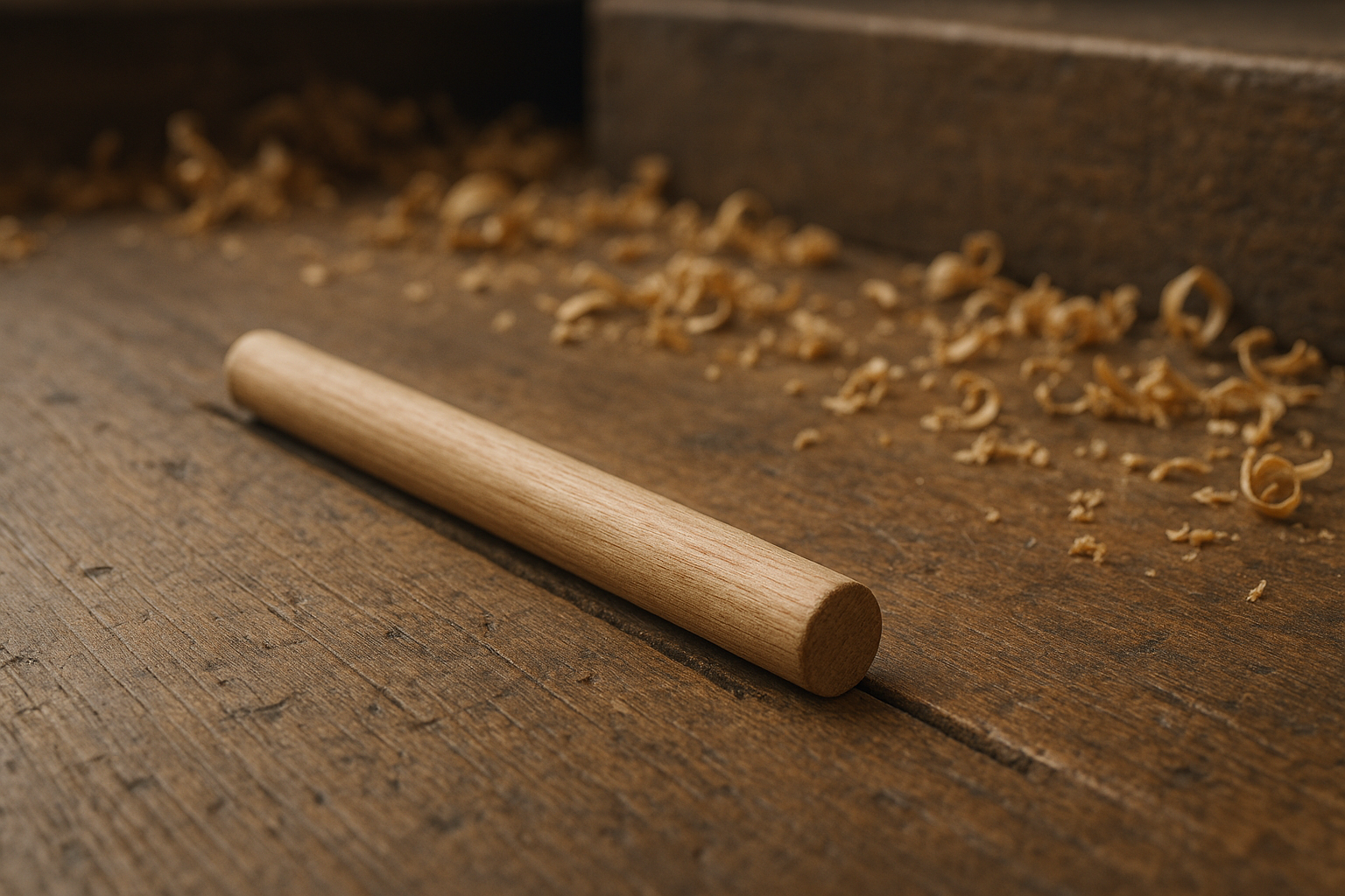 Picture depicting a wooden rod on a workshop floor.